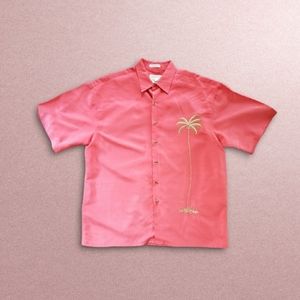 Bamboo Cay Hawaiian Shirt Mens L Coral Embroidered Palm Tree Short Sleeve Red
